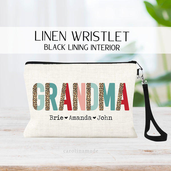 Personalized Grandparents bag with grandkids under neath her name. Customize title for your grandma. Nana, Gigi, Mimi, Grammy, and more! Font for name is half leopard print and half color.