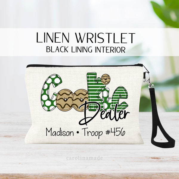 Cookie dealer linen wristlet bag. Money collection bag. Personalized with childs name and number.