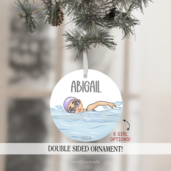 This ornament features a personalized swimmer design with your choice of eye color and skin color. Personalize with name and year.