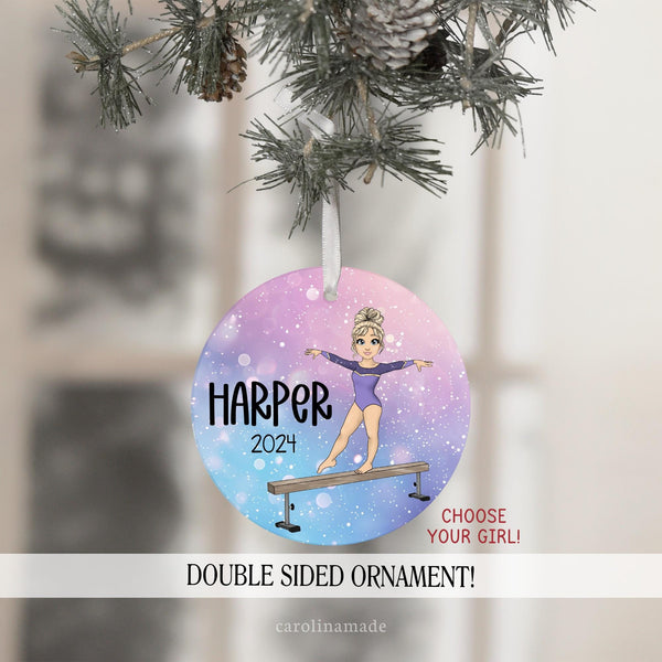 This ornament features a girl gymnast on the beam. Choose your hair and skin color. Personalize with childs name and the year.