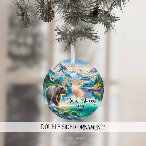Cruisin Together Alaska Christmas Ornament with Alaska background, water, mountains and bear. It is personalized with your names and the year.