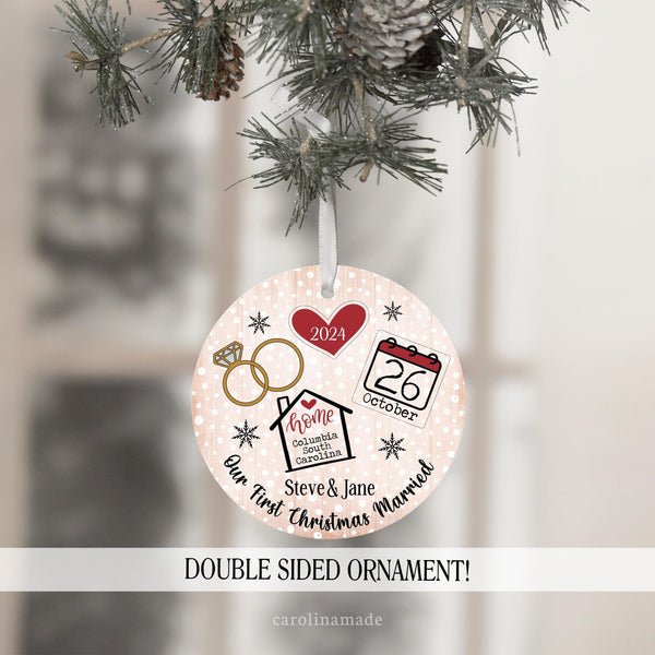 Our first Christmas Married Ornament shows rings, a calendar with the month and day and a home with your city and state. The bottom is personalized with the couples names.