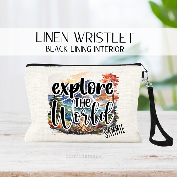 Explore the world Travel wristlet Bag for the Travel enthusiast! Perfect for mountain vacation or girls trip! Personalize with your name.