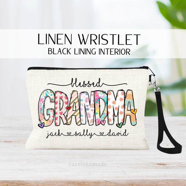 this linen zipper pouch is the perfect gift for Grandma! It says blessed grandma in a colorful font. And at the bottom it is personalized with her grandchildrens names.