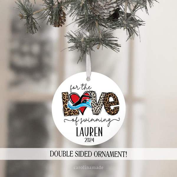 This personalized swim ornament says for the love of swimming and is personalized at the bottom with the swimmers name and the year. Great Christmas gift idea or end of season team gift.