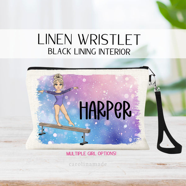 This linen zipper pouch features a custom gymnastics girl design with skin color and hair color. The background is a blue pink and purple design and it is personalized with the gymnasts name.