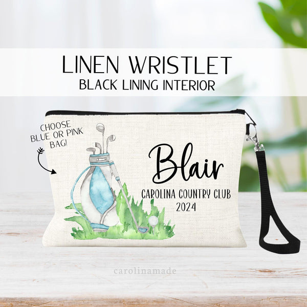 This linen zipper pouch features a watercolor design with a golf bag, golf putt, tee and ball. It is personalized with their name and country club next to design. Choose blue or pink golf bag