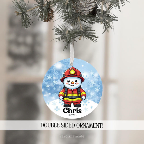 This ornament is perfect for kids and adults. A firefighter snowman with suit and hat. It is personalized with a name and the year at the bottom.