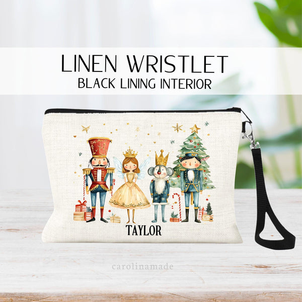 This linen zipper pouch features beautiful watercolor design with classic characters from the Nutcracker. Your personalized name at the bottom.