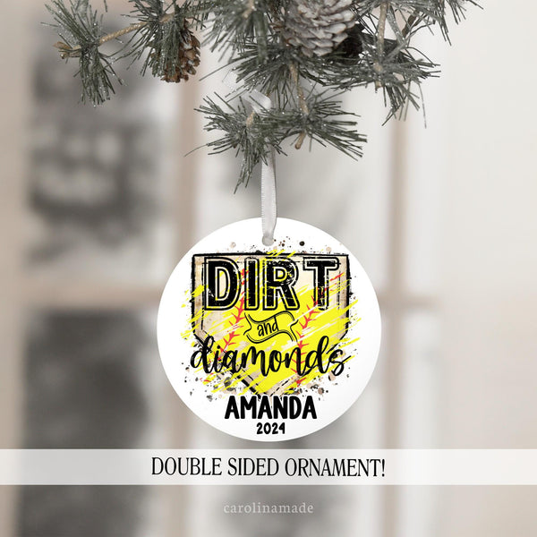 This Christmas Ornament is perfect for the softball player in your life. It features a softball plate and says dirt and diamonds. It is personalized at the bottom with name and year.
