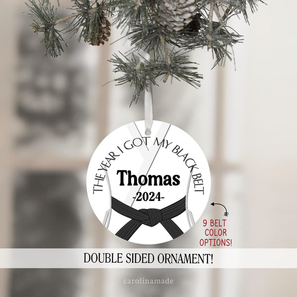 This ornament features a Karate Gi with your choice of belt color. The text says the year I got my belt at the top and is personalized with your name and the year.