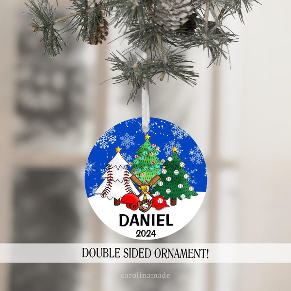 Personalized baseball Ornament featuring players name and the year. Cute christmas trees decorated with baseballs, bats, helmet, glove and hat