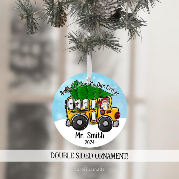 This fun school bus santa ornament features your choice of quote at the top. Santas favorite bus driver or oh what fun it is to ride. It is personalized at the bottom with drivers name and the year.