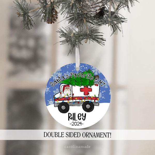 This fun emt santa ornament features your choice of quote at the top. Santas favorite emt or oh what fun it is to ride. It is personalized at the bottom with a name and the year.