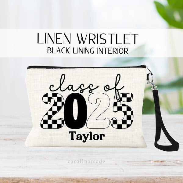 Class of 2025 zippered lined pouch personalized with name under design. 2025 is big numbers in a black and white checker pattern.