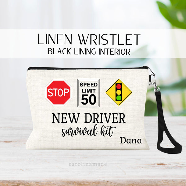 This linen zipper pouch features your street signs with the text new driver survival kit.  with the personalization at the bottom that says your name Perfect zipper pouch to keep all your car documents in one place. or other car essentials