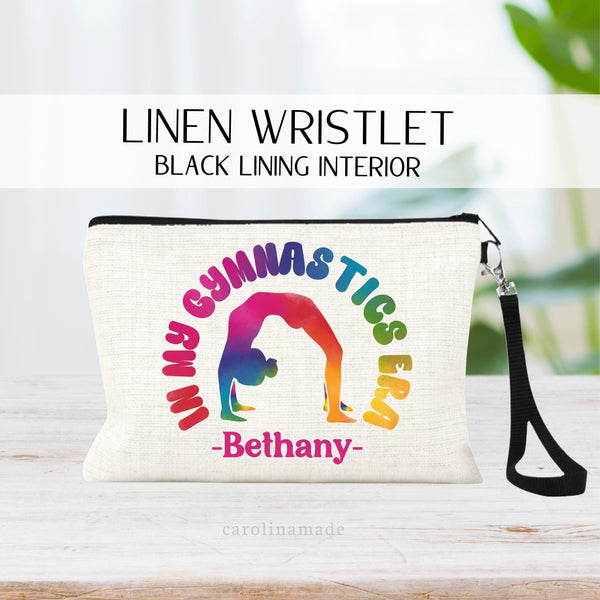 This linen zipper pouch features a run rainbow design with a gymnast doing a back bridge with text around her that says In My Gymnastics Era and it is personalized on the bottom with your childs name.