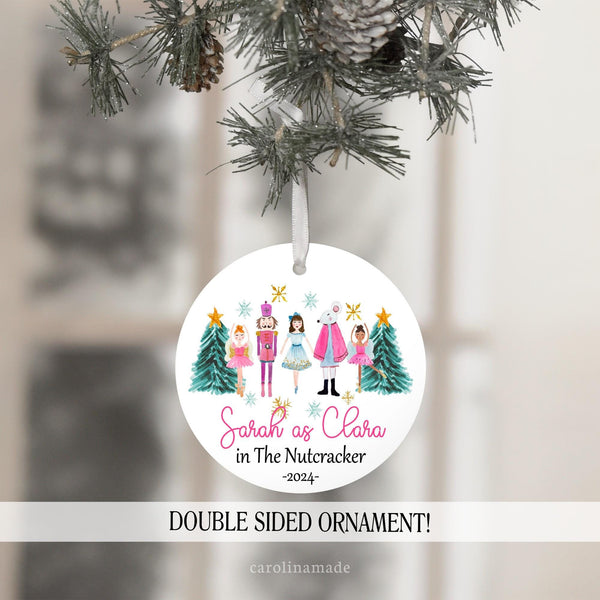 Pink girly watercolor Nutcracker ornament perfect for anyone starring in the Nutcracker ballet. It is personalized with your name and roll. And the year.