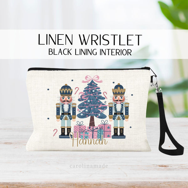 This linen zipper pouch features beautiful Nutcracker and Christmas Tree design. Your personalized name at the bottom.