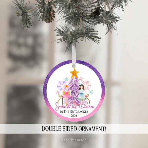 Pink and purple girly watercolor Nutcracker ornament perfect for anyone starring in the Nutcracker ballet. It is personalized with your name and roll. And the year.
