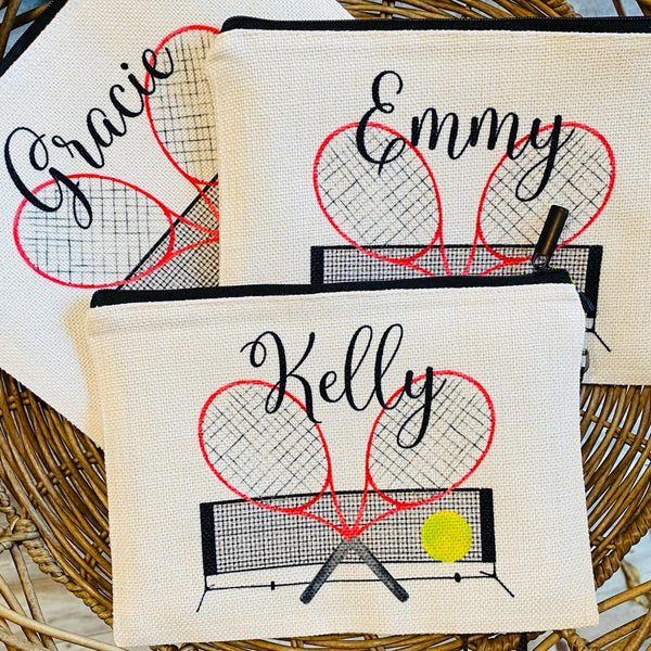 Tennis Wristlet, Personalized Tennis Cosmetic Bag, Gift for Tennis Players, Tennis Team Gifts, Tennis Name Zipper Pouch, Tennis Wristlet Bag