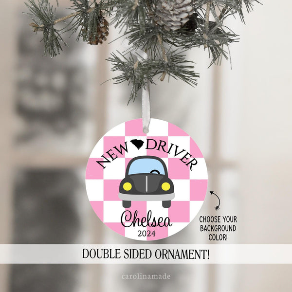 Checkered Christmas Ornament with the top that says New Driver. This ornament is personalized with your state, your name and the year. Choose your checker background color
