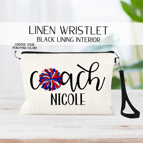 This fun Cheer Coach Makeup Bag features one large pom pom as the O in Coach. Pom Pom is customized for your team colors. The cheerleader coaches name is personalized in the center of the bag.