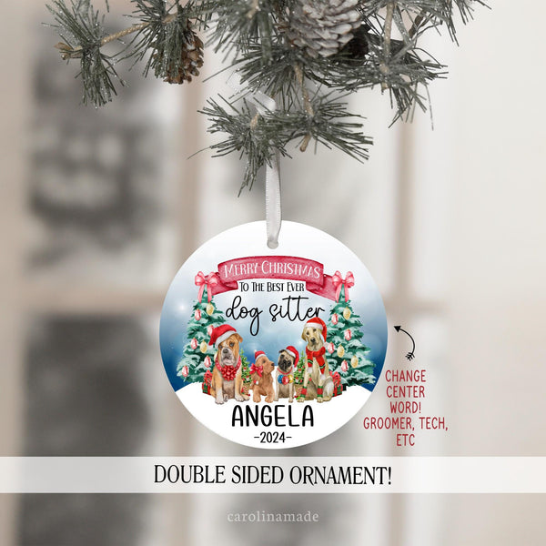 This is the perfect ornament for anyone who works with dogs! The top says Merry Christmas to the best ever and you fill in the last word. Perfect for dog sitters, dog groomers, vet techs, kennel workers, and more! Personalize the bottom with name.