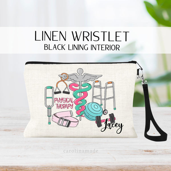 This linen zipper pouch features a physical therapy design. With a medical symbol in the center, a walker, a weight, a lifting belt, crutches, exercise ball and bands. It is personalized at the bottom with your name.