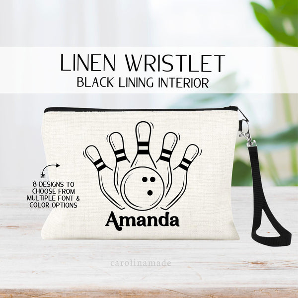 This linen wristlet features eight different  bowling line art minimalist designs with pins and ball. Your name is personalized at the bottom.