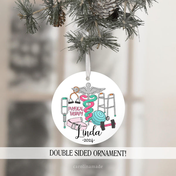 The perfect gift for your favorite physical therapist! This ornament features physical therapist items like crutches, walker, exercise ball, belt and weights. It is personalized at the bottom with their name and year.