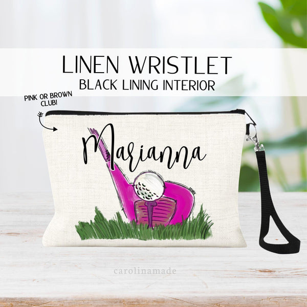 Pink Golf Club & Tee Golf Ball personalized with name at the top. Brown Golf club also available.