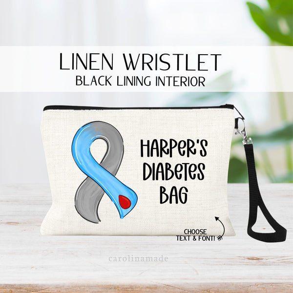 This linen zipper pouch features a blue and gray diabetes ribbon with your personalized text next to it. This bag says Harpers diabetes bag.
