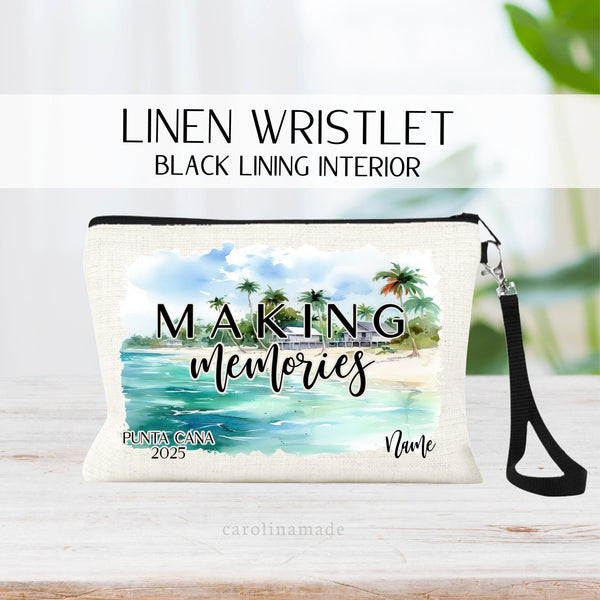 This linen zipper pouch features a beach watercolor background design with the text Making Memories in the center. It is personalized at the bottom corner Punta Cana, the current year, and your name.