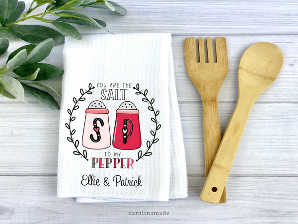 This White Waffle weave towel makes the perfect Valentines Decor! It says You are the salt to my pepper and is personalized at the bottom with your names.