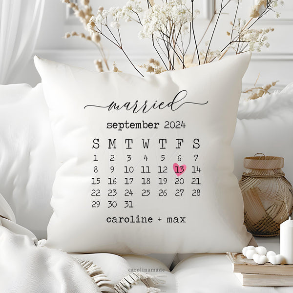 This beautiful home accent pillow features a Calendar with the month, date and year you were married to your husband or wife! Your names are personalized at the bottom. This beautiful keepsake makes a great wedding gift!