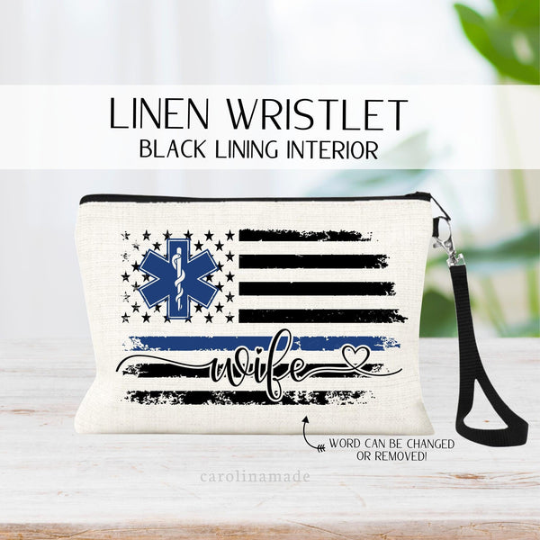 This linen zipper pouch features a distressed american flag with a thin blue line for the EMS. It shows a EMS symbol over the stars. And is personalized at the bottom to says  fiance, wife, girlfriend, etc.