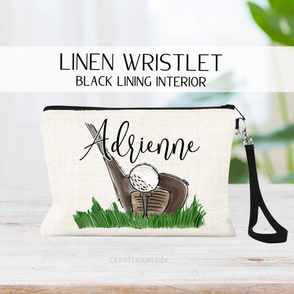 Personalized Golf Club Bag, Golf Cosmetic Bag, Custom Golf Team Linen Wristlet, Golf Lover Gift, Golfer Zipper Pouch, Pink Golf Tee Bag