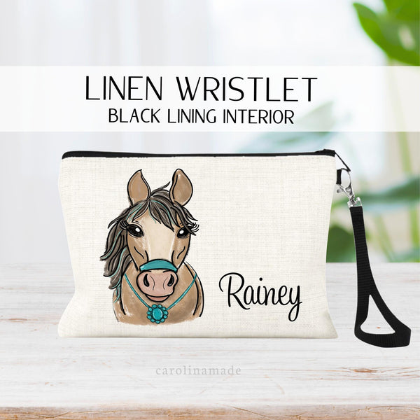 Fun hand drawn brown horse with turquoise rains and necklace. It is personalized with your name next to the horse.