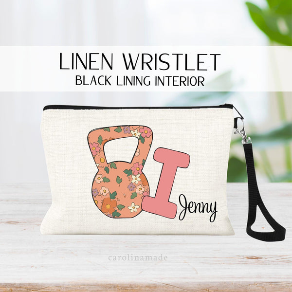 This linen zipper pouch gym bag features floral kettle bell and pink hand weigh. Personalized with your name.