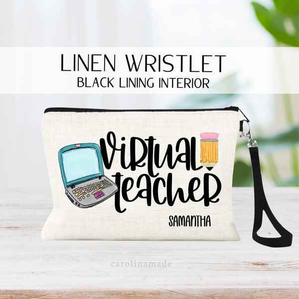 This linen zipper pouch features a laptop and pencil and the text virtual teacher across it. It is personalized at the bottom with your name.