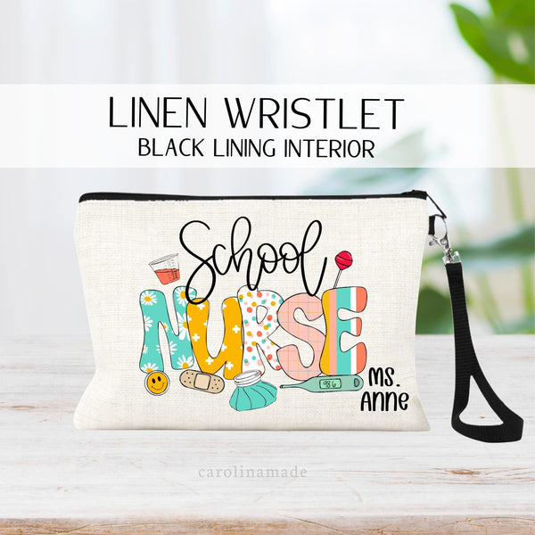 This linen zipper pouch features the text school nurse with nurse icons like medicine cup, lollipop, bandage, ice pack and thermometer. It is personalized on the bottom corner with your name.