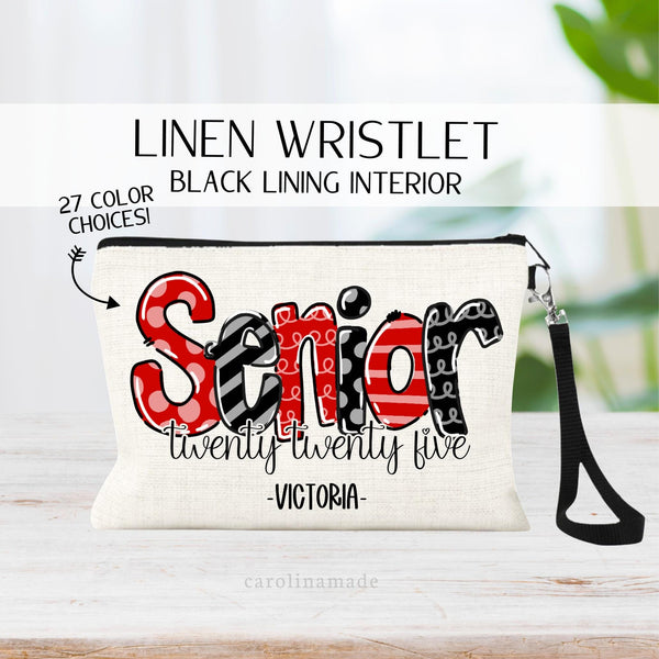 Class of 2025 zippered lined pouch personalized with name under design. senior is big colorful numbers in your choice of color combinations