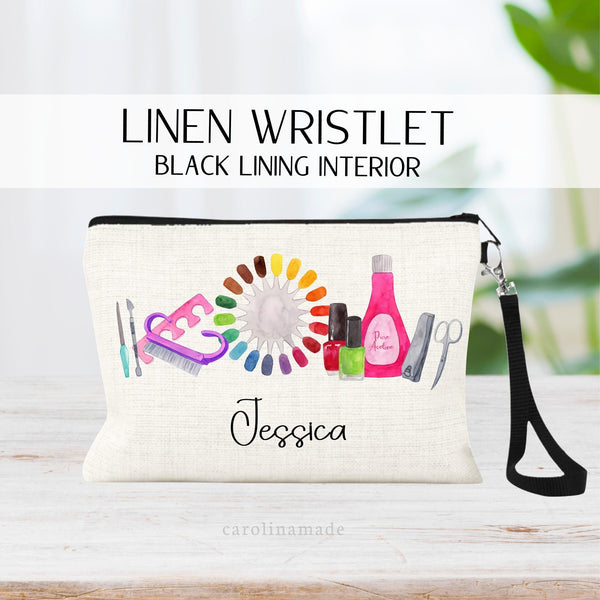 Linen wristlet zipper pouch features fun watercolor nail tech eithers - finger nail polish, clippers, remover and more. It is personalized at the bottom withyour name.