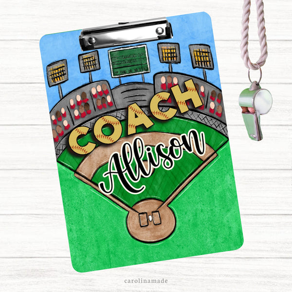 This double sided clipboard features a fun softball stadium background with softball field, baseball diamond and is personalized with your softball coachs name.