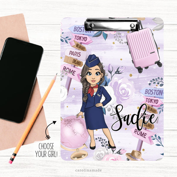 This double sided clipboard is perfect for flight attendants! It has a pretty pink floral background with globe and map signs. There is a customizable girl with different hair and eye colors. Personalized with your name.