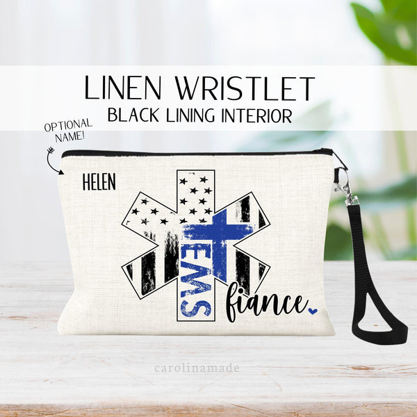EMS Wife Wristlet, EMS Fiance Bag, Thin Blue Line Makeup Bag, Custom Gift for Paramedic Spouse, Emt Wife, Paramedic Zipper Pouch, Gift Idea