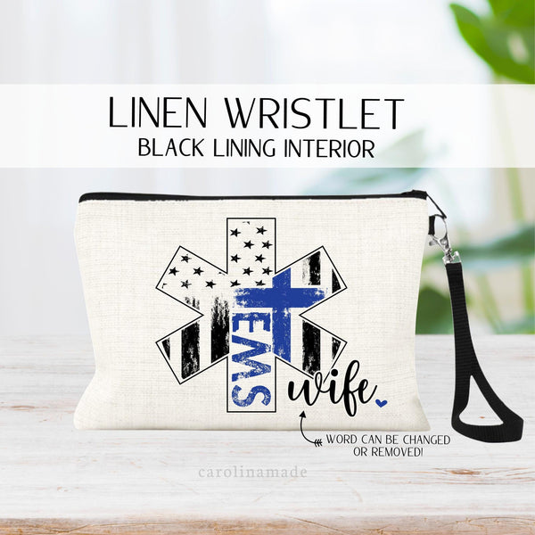 This linen zipper pouch features a medical cross with a distress flag design inside it and the words EMS. It can be personalized to say wife, fiance, mom, girlfriend etc in one corner. And can have your name at the top corner.