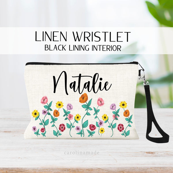 This Linen zipper pouch features colorful wildflowers and is personalized with your name above them. Perfect gift for any Tween, Teen, or Flower Lover!