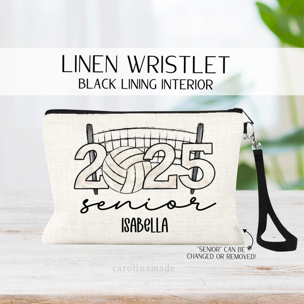 This linen zipper pouch features 2025 in the center in volleyball colored letters with a volleyball net behind it and the word senior at the bottom. Personalize the bag with a name at the bottom.